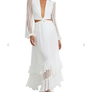 PatBO White Chiffon Maxi Dress with Lace Details